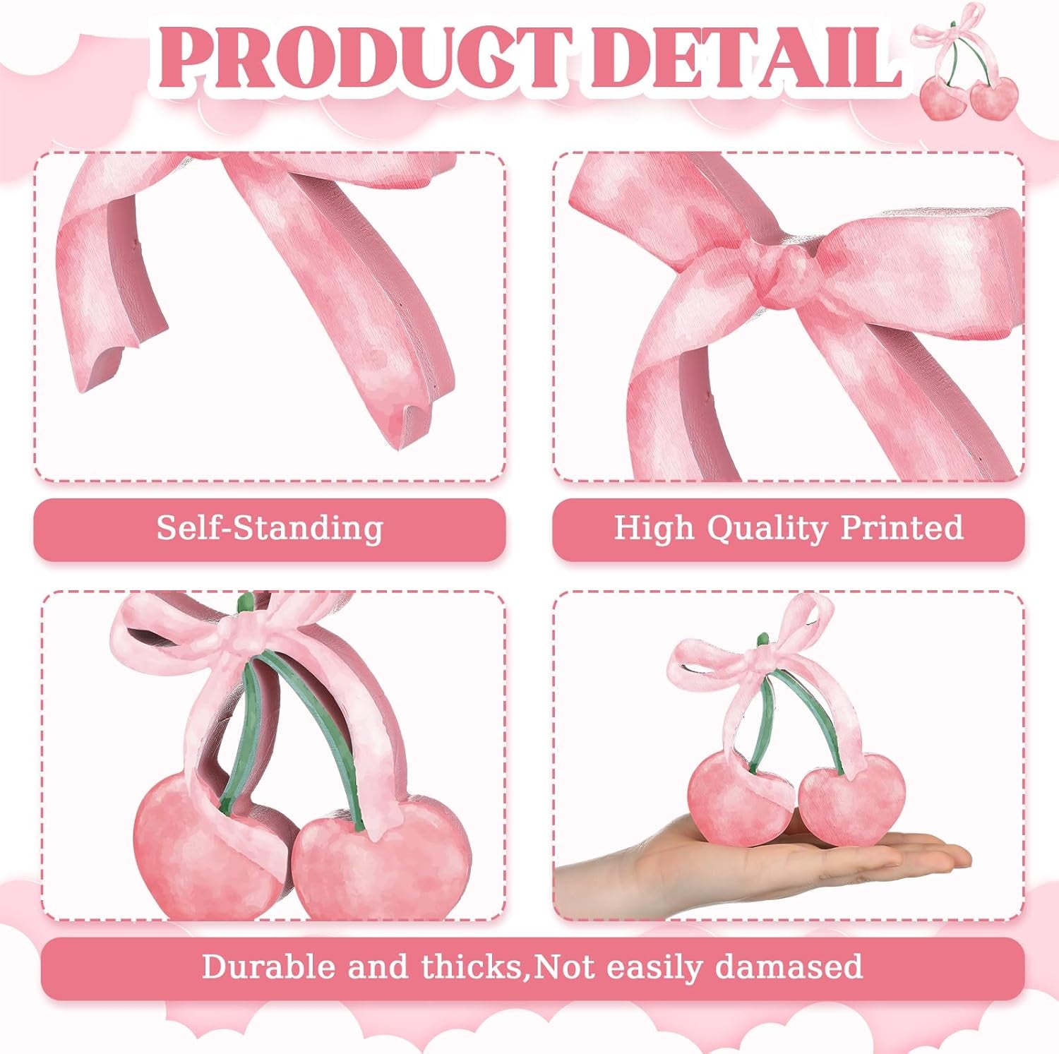 3 Pcs Pink Bow Coquette Room Decor Wooden Sign Preppy Room Coquette Party Decor Girly Pink Bows Tiered Tray for Home Dorm Wall Desk Shelf Tabletop Christmas Decoration(Cherry Style)