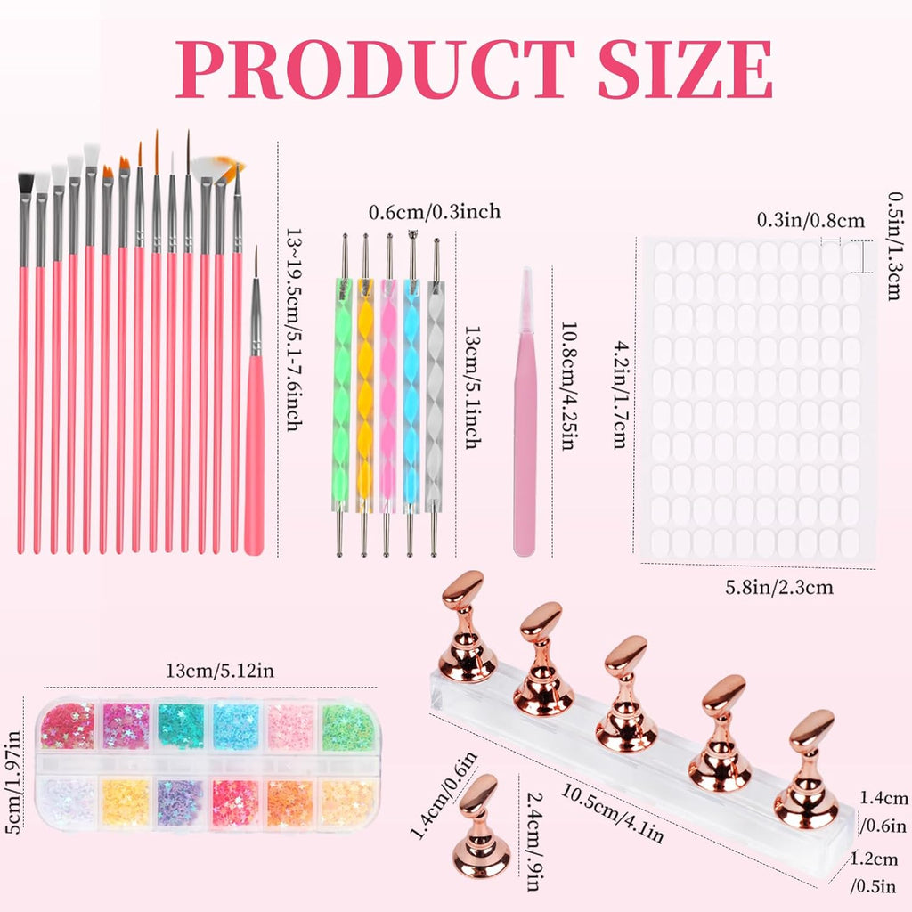 25PCS Nail Art Tools Set, Includes Nail Art Brushes, Nail Stand, Dotting Tools, Striping Liner Fingernail Drawing Pens, Jelly Glue, Tweezers, Sequins, Professional Nail Art Supplies Kit
