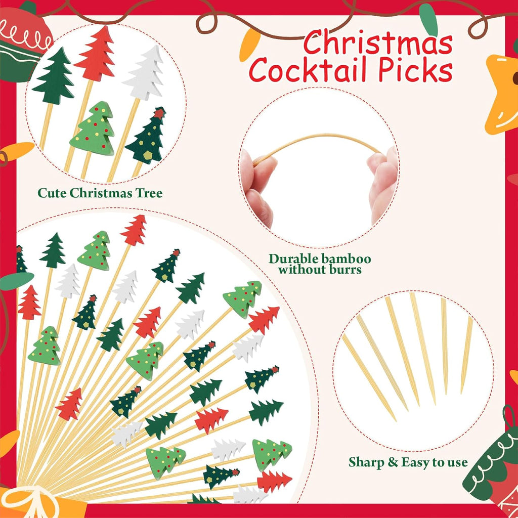 100 Christmas Tree Cocktail Picks, 4.7" Long Christmas Toothpicks for Appetizers, Bamboo Decorative Xmas Skewers Wood Sandwich Fruit Food Sticks for Christmas Party Supplies Charcuterie Accessories