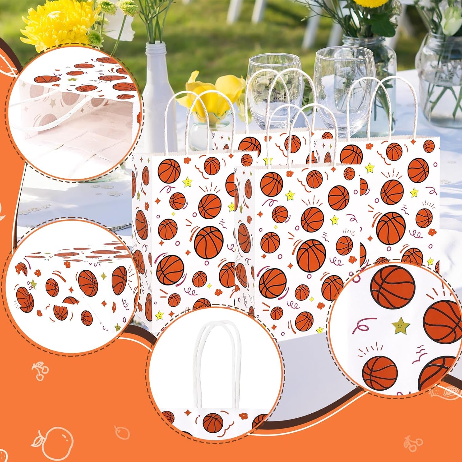 16 Pack Gift Bags, 5.5" X 2.8" X 8" Basketball Party Favor Bags with Handles for Sports Theme Birthday Party Supplies