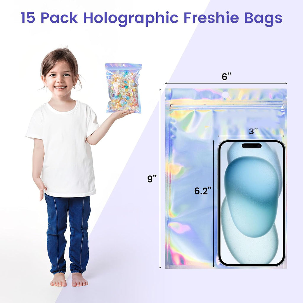15PCS Holographic Mylar Bags, Resealable Bags Smell Proof Iridescent Freshie for Christmas Party Favor Food Storage 6 X 9 Inch