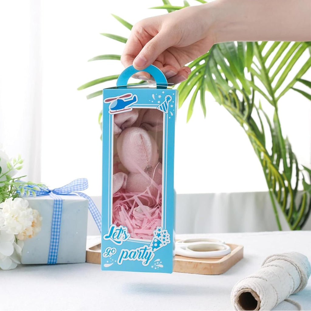 12PCS Party Favor Boxes,3" X 2" X 9" Blue Doll Gift Boxes with Window Handle for Boys Birthday Bridal Shower Party