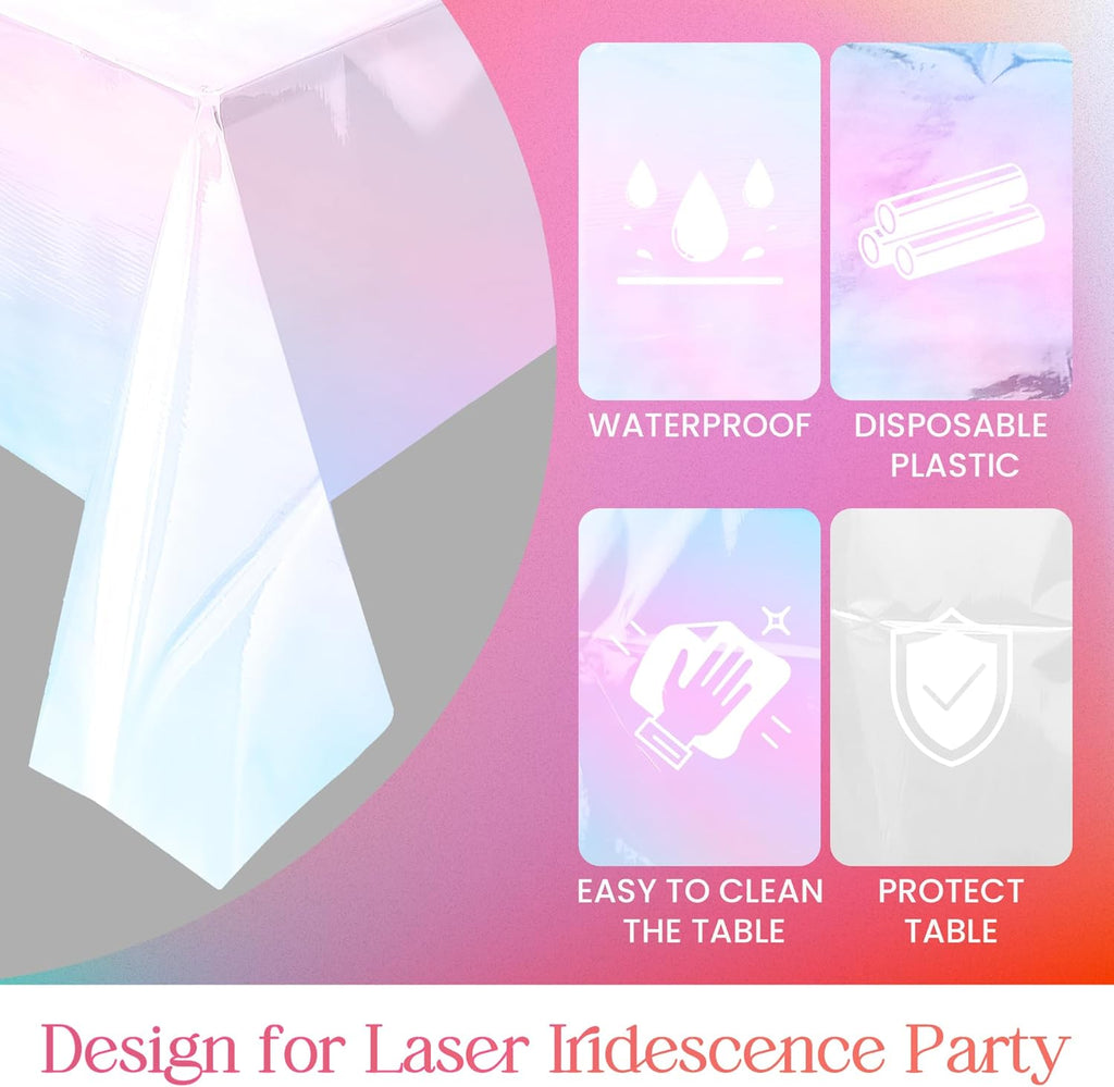 2 Pieces Iridescence White Tablecloth, 40 X 108“ Disposable Shiny Laser Table Cloth, Glitter Plastic Tablecloths, Holographic Iridescent Table Cover for Party Decoration, Wedding and Banquet