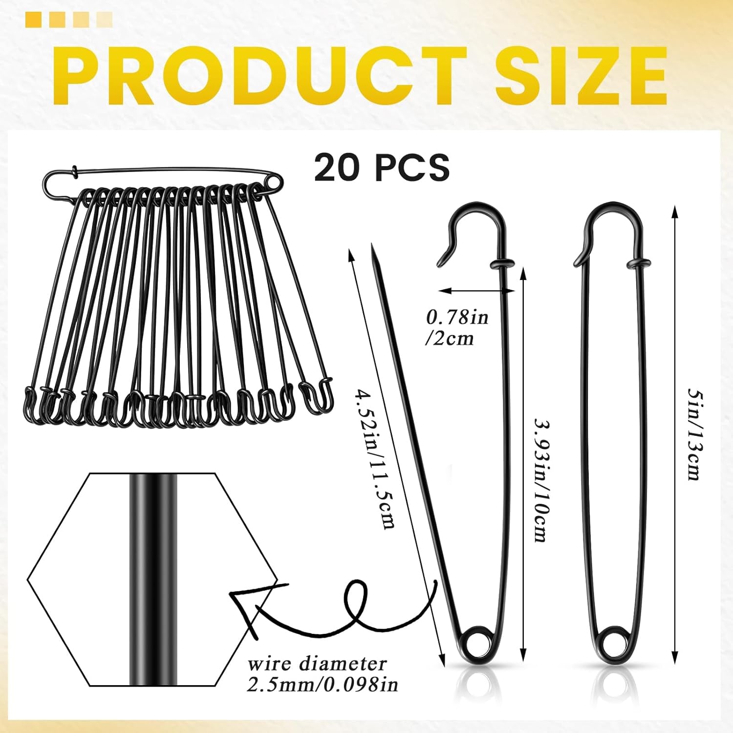 20 Pcs 5 Inch Safety Pins Heavy Duty, Black Jumbo Safety Pins Bulk, Extra Large, Oversized for Thick Fabric, Clothes, Sewing, Bags, Diaper, Blankets, Decorations