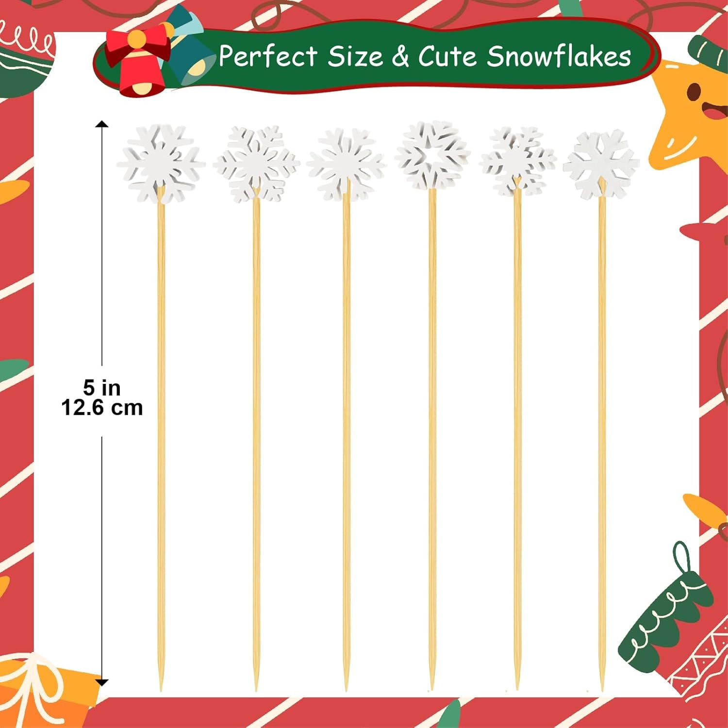 100 Christmas Snowflake Cocktail Picks, 6 Kind of Fancy Christmas Toothpicks for Appetizers, 4.7 in Bamboo Charcuterie Skewers Food Sticks for Winter Snow Frozen Decorations Christmas Party Supplies