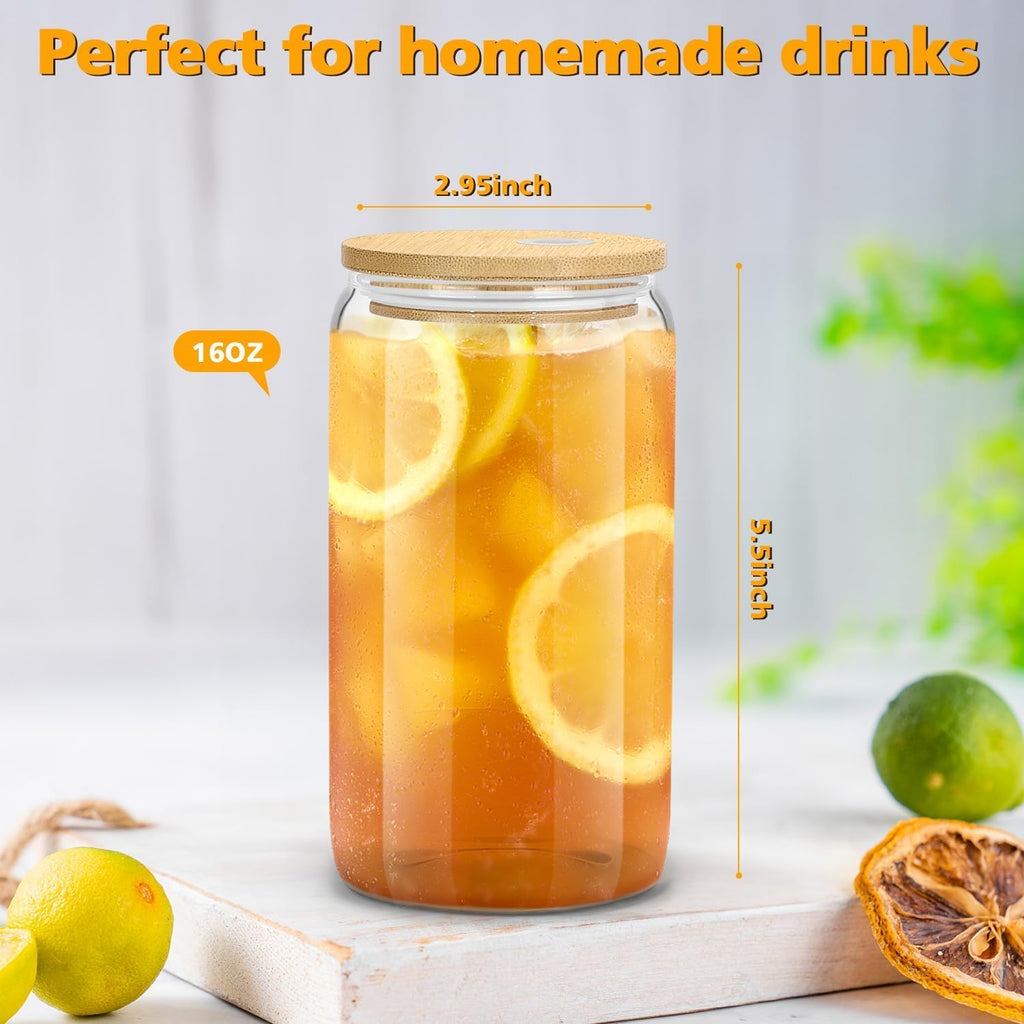 2PCS Glass Cups with Bamboo Lids and Straws, 16OZ Ice Coffee Cup, Drinking Cup Set with Wooden Lids, Home Essential Glass Tumblers for Beer, Cocktail, Tea and Latte Clear