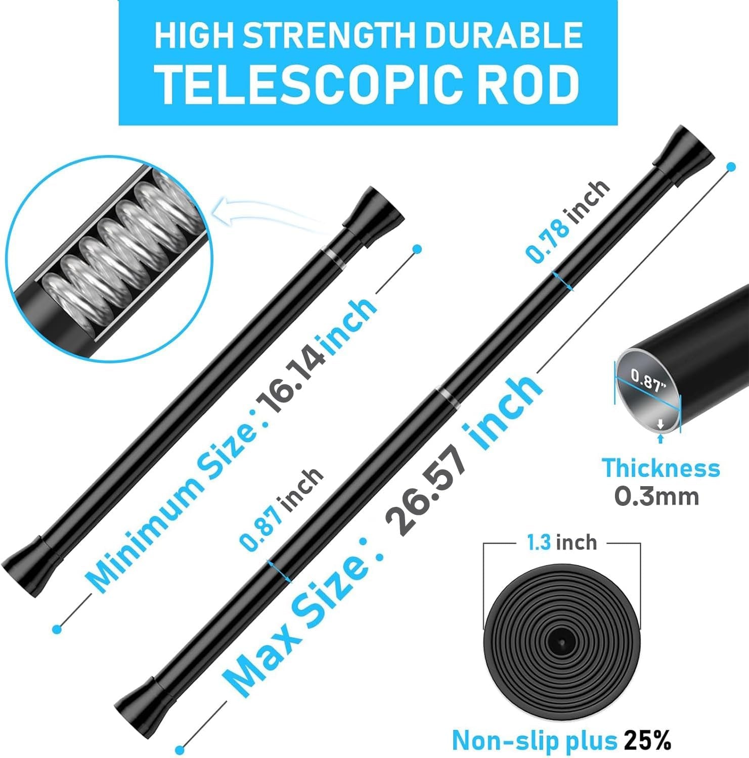 2 Pack Black Shower Curtain Rod 16 to 26 Inch Tension Shower Rod for Bathroom 7/8" Adjustable Spring Curtain Rod No Drilling Spring Rod Black Tension Curtain Rods for Windows Doorway Closet