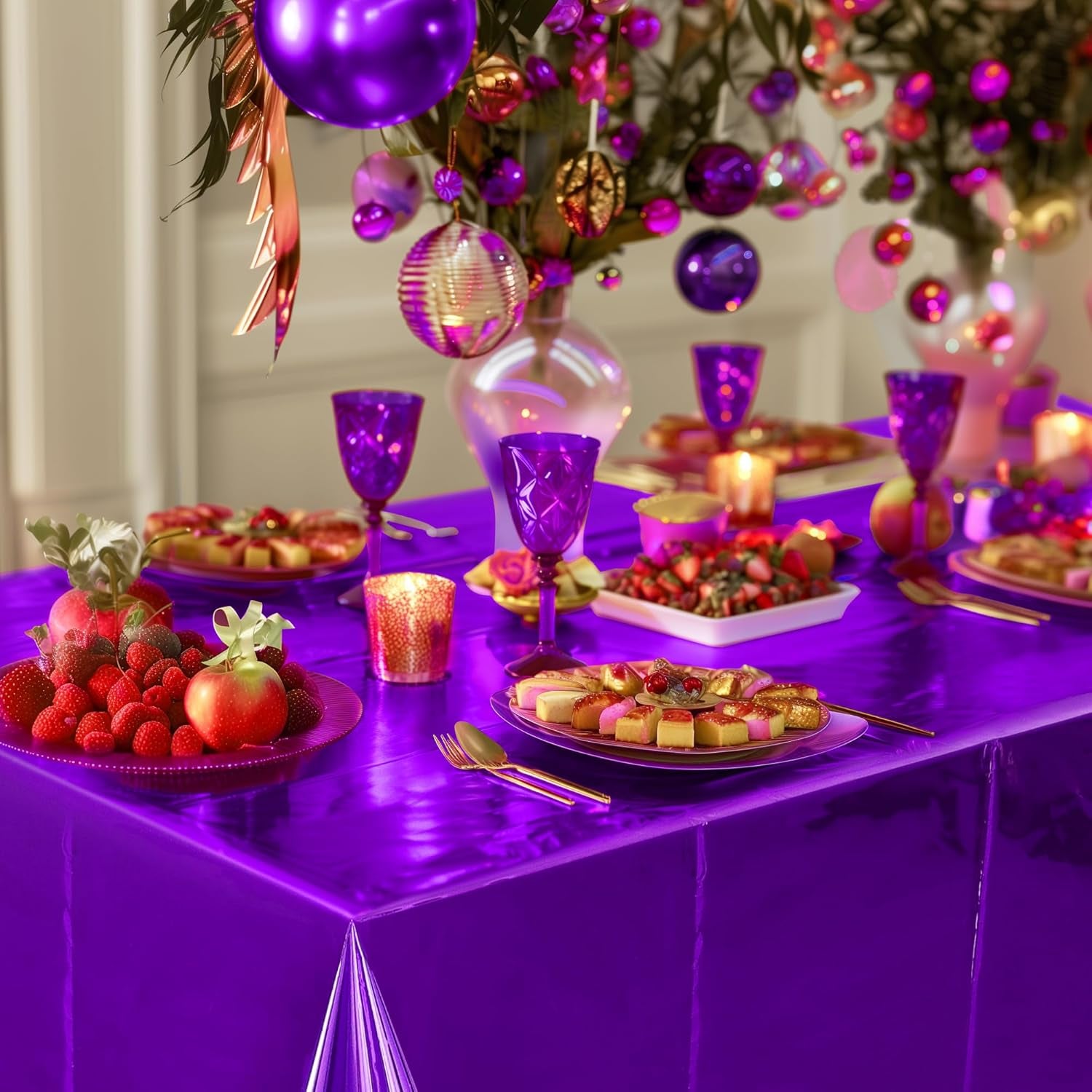 1 Piece Purple Foil Tablecloth 54 * 72Inch Lavender Plastic Birthday Party Table Cloths Disposable Waterproof Table Cover for Halloween Bridal Shower Wedding Anniversary Baby Shower Elegant Supplies