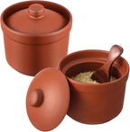 2 Set Salt Cellar with Lid and Wooden Spoon, 4 Handcrafted Pepper Herbs Box Heavyweight Spices Jar Salt Holder Pot Housewarming Gift for Counter, Kosher, Sea, Sugar, Keeps Spices Dry