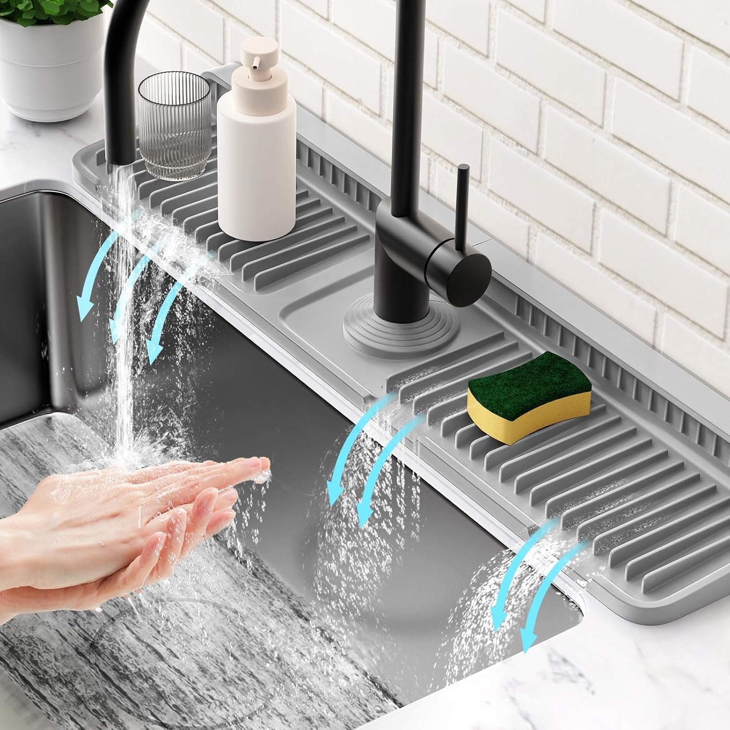 24'' Longer Faucet Mat for Kitchen Sink Splash Guard[7° Slope Fast Self-Draining][Snap Lock Fit]Kitchen Sink Faucet Mat Splash Guard Kitchen Sink Area Water Splash Guard behind Faucet Draining Mat