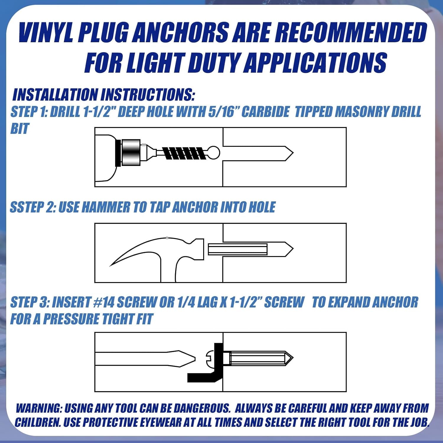 100 Pcs Expanding Plastic Anchors for Concrete 5/16" X 1-1/2" for #14 Screw or 1/4 Lag Screw Blue Anchors Drywall Wall Expansion Pipe for Hollow Walls Tile Cement Bolt Expansion Tube