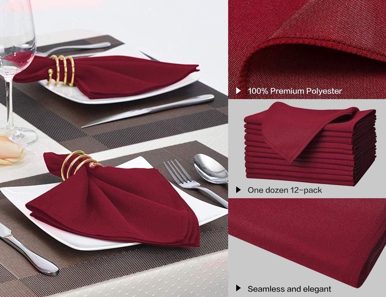 20-Inch Polyester Cloth Napkins Linen Dinner Napkins - Set of 12 for Weddings, Banquets, or Restaurants (1-Dozen) (Burgundy)