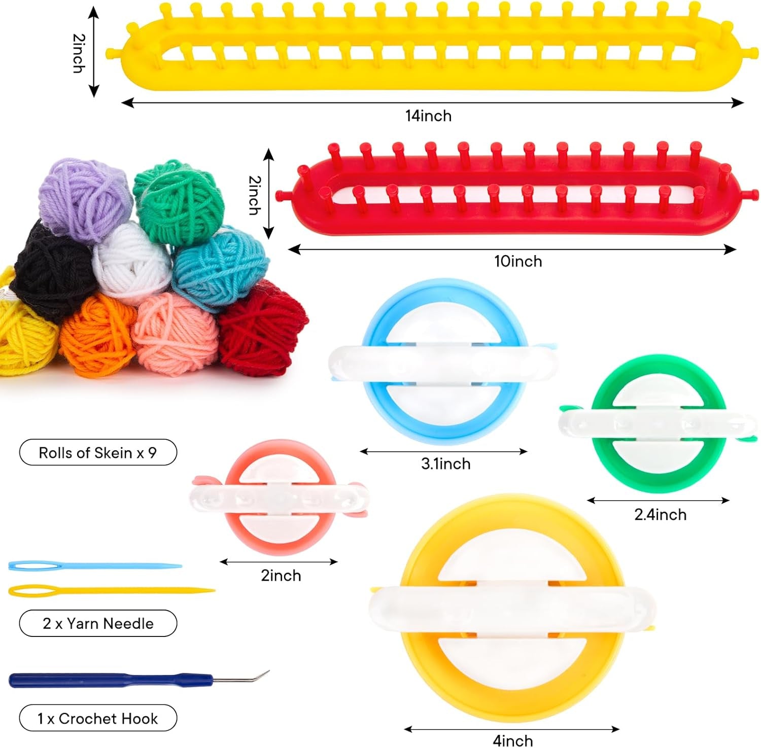 18PCS Knitting Loom and Pompom Maker Set, Rectangle Knitting Looms Pom Pom Makers with 9 Yarn Skeins Acrylic Knitting Supplies for Beginners Christmas Hat Scarf Shawl Sweater Socks