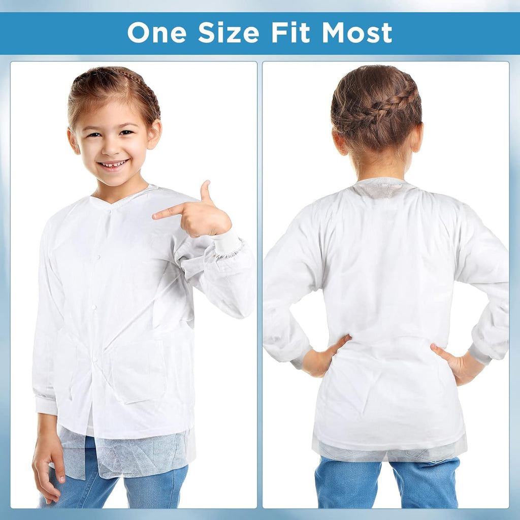 10 Pcs Kids Disposable Lab Coats White Science Coats Bulk for Child with Elastic Knit Cuffs and Front Snap Fastener