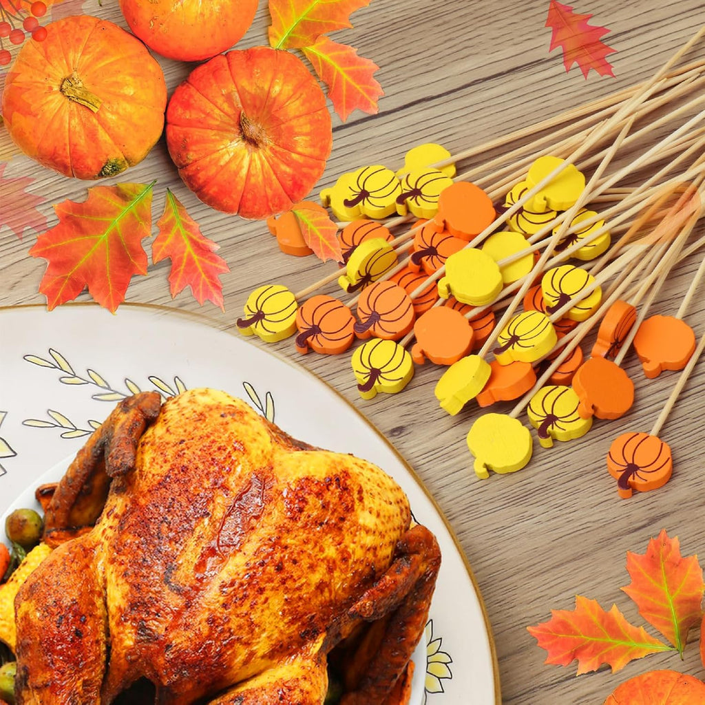 100 Thanksgiving Cocktail Picks, Pumpkin Fall Toothpicks for Appetizers Charcuterie Boards Accessories, 4.7 in Bamboo Skewers Fruit Drinks Food Sticks, Thanksgiving Decoration Autumn Party Supplies