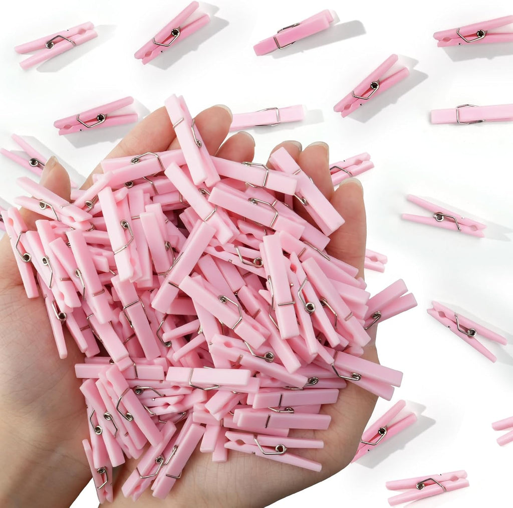 100 Mini Clothes Pin for Baby Shower Girl Game, 1.37 Inch Pink Plastic Small Clothespin Gender Reveal Party Favors (Pink)
