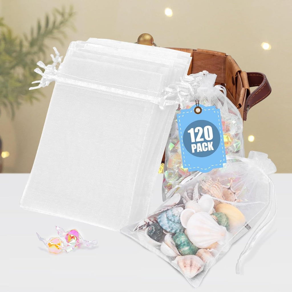 120PCS Organza Bags with Drawstring, White Sheer Gift Pouch Candy Bags for Christmas Party Favors 4 X 6 Inch