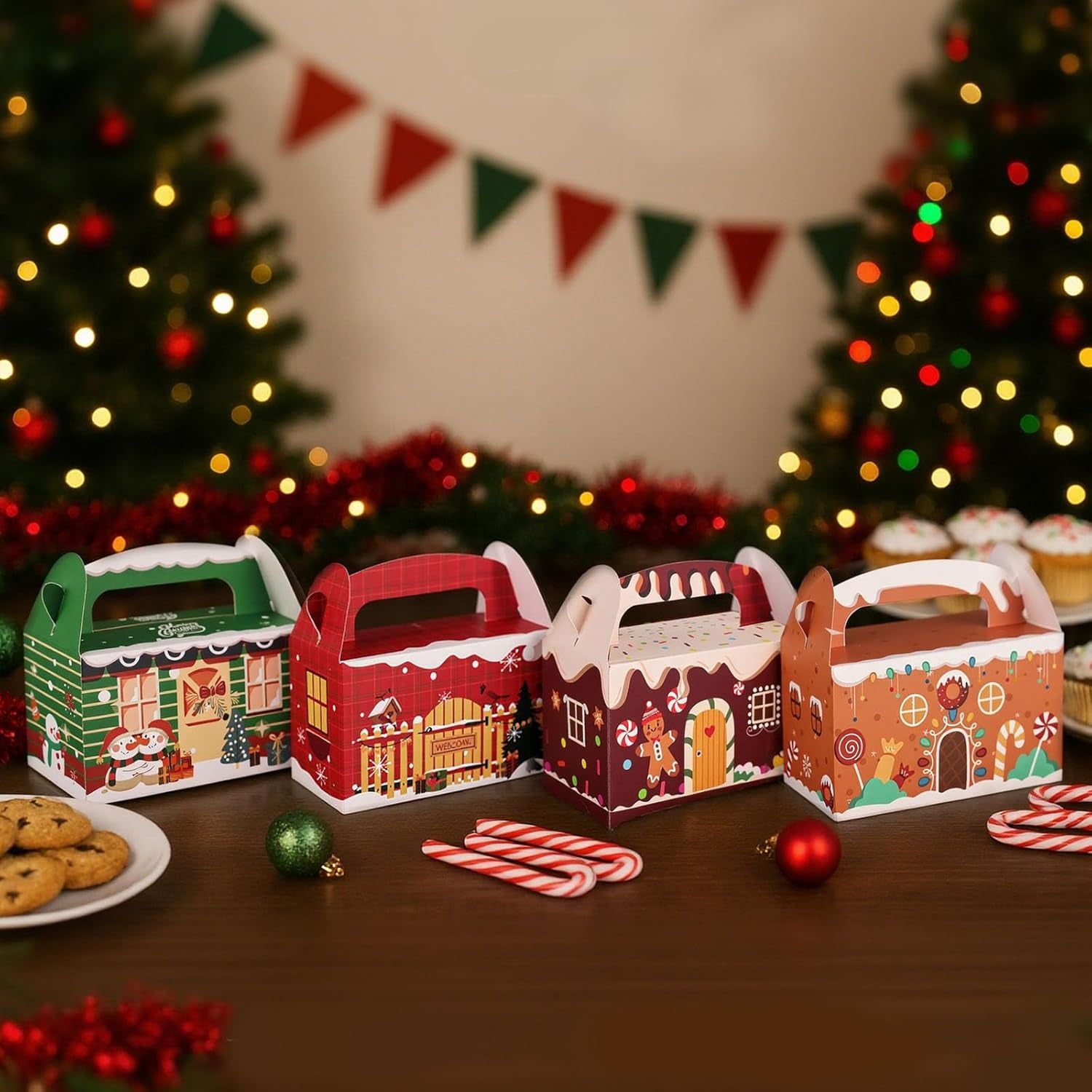 16PCS Christmas Treat Boxes, 3D Xmas Gift Boxes with Vibrant Print Cardboard Colorful Goodie Boxes with Handles for Gift Giving Christmas Holiday 6.1 X 3.4 X 3.5 Inch