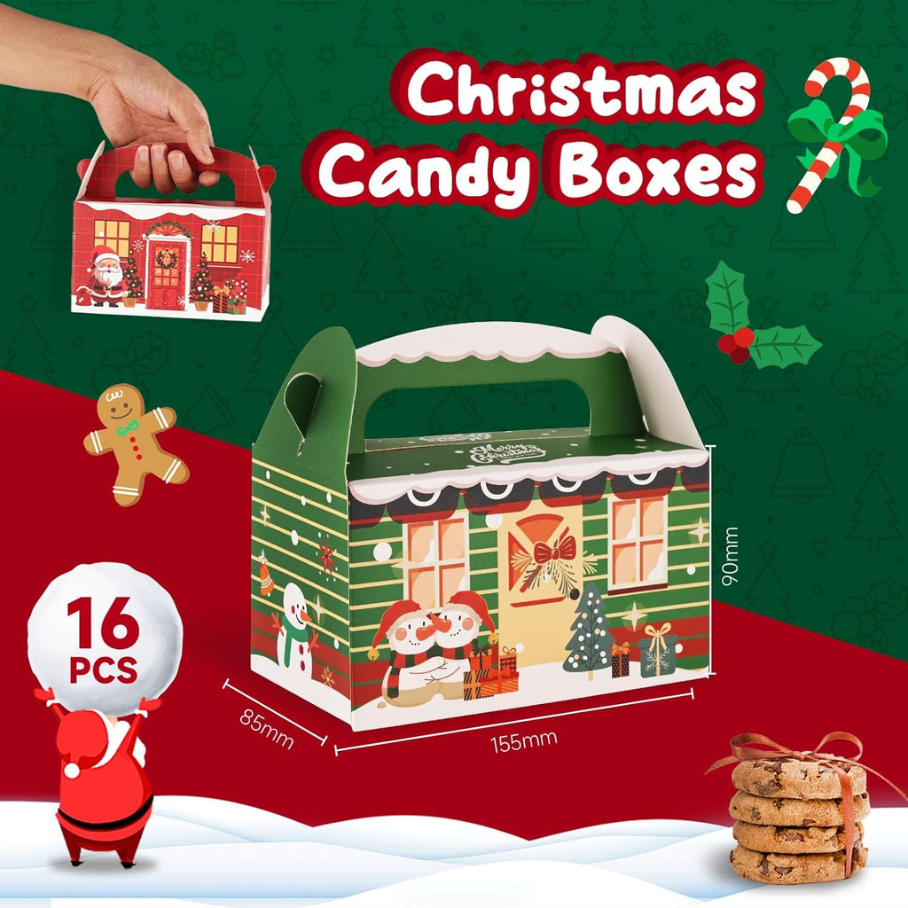 16PCS Christmas Treat Boxes, 3D Xmas Gift Boxes with Vibrant Print Cardboard Colorful Goodie Boxes with Handles for Gift Giving Christmas Holiday 6.1 X 3.4 X 3.5 Inch