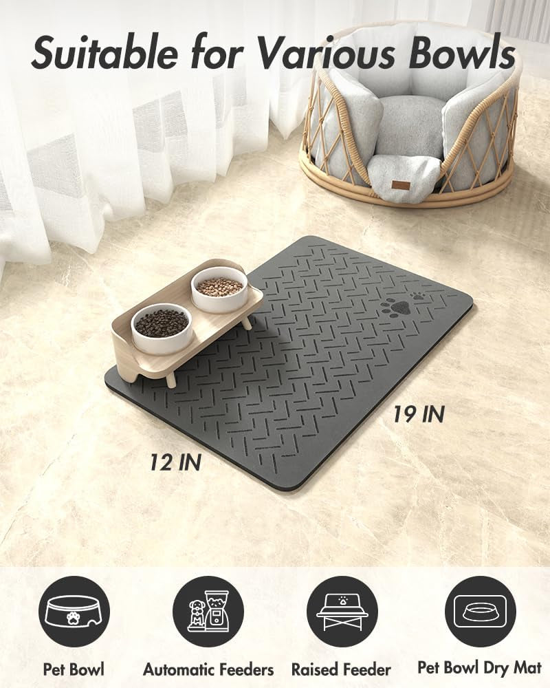 -Absorbent Pet Feeding Mat-No Stains Quick Dry Dog Mat for Food and Water Bowl-Rubber Backing Dispenser Mat Accessories Supplies-Dog Bowl Messy Drinkers,(Dark Grey,12"X19")