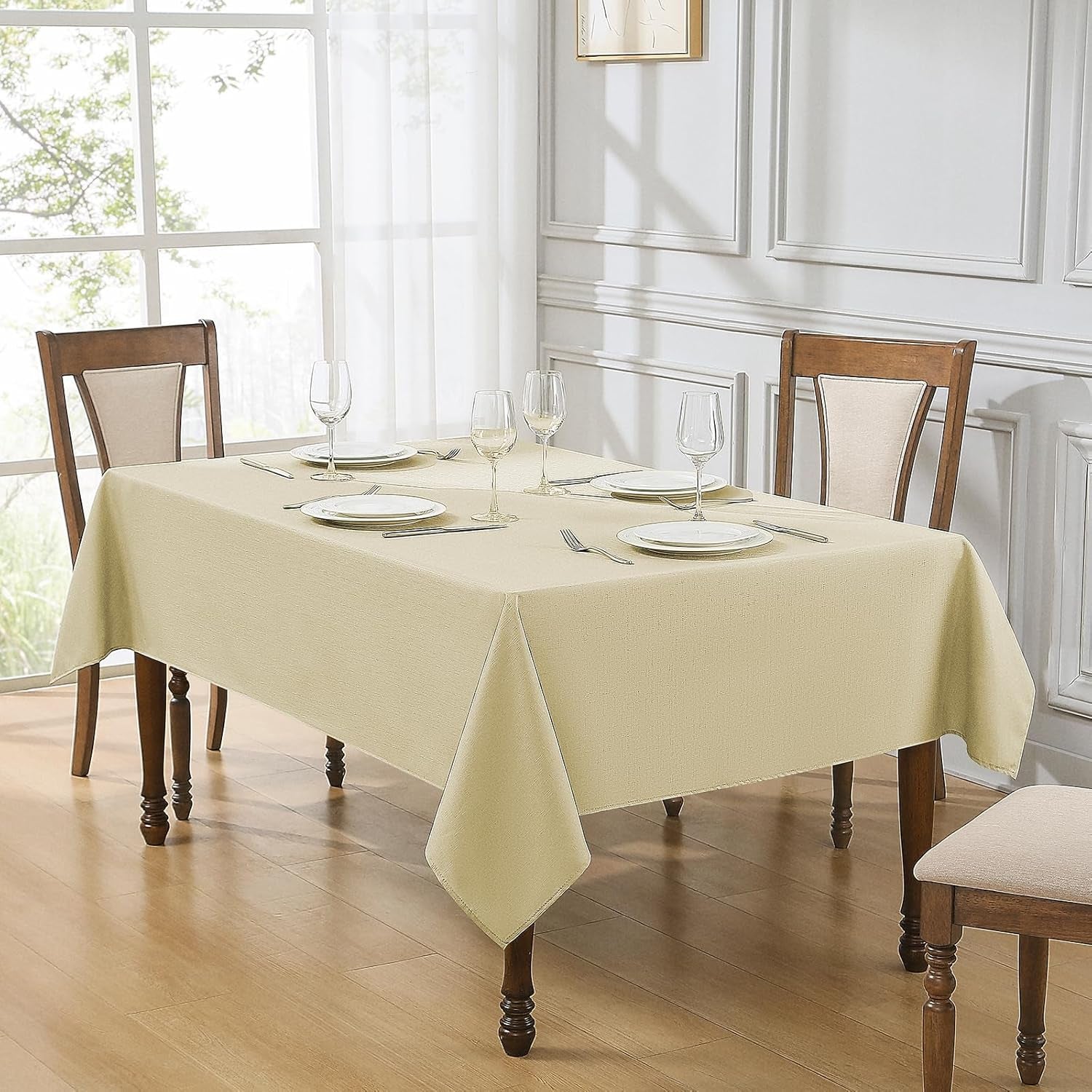 1 Pack 52 * 70Inch Rectangle Tablecloth Linen Textured, Waterproof and Stain Resistant Table Cloth Dining Table Cover for Kitchen Dinning Party Banquet Rectangular Tabletop Decoration(Beige)