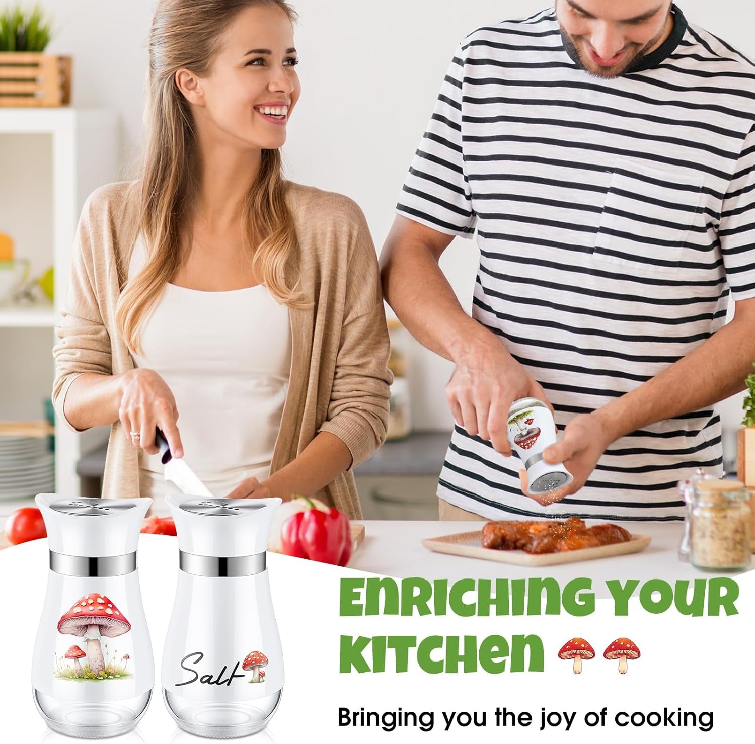 2 Pcs Salt and Pepper Shakers Set Cute Stainless Steel Salt Pepper Containers with Glass Bottle for Kitchen Cooking, BBQ, Bar, Table, RV, Camp (Mushroom)