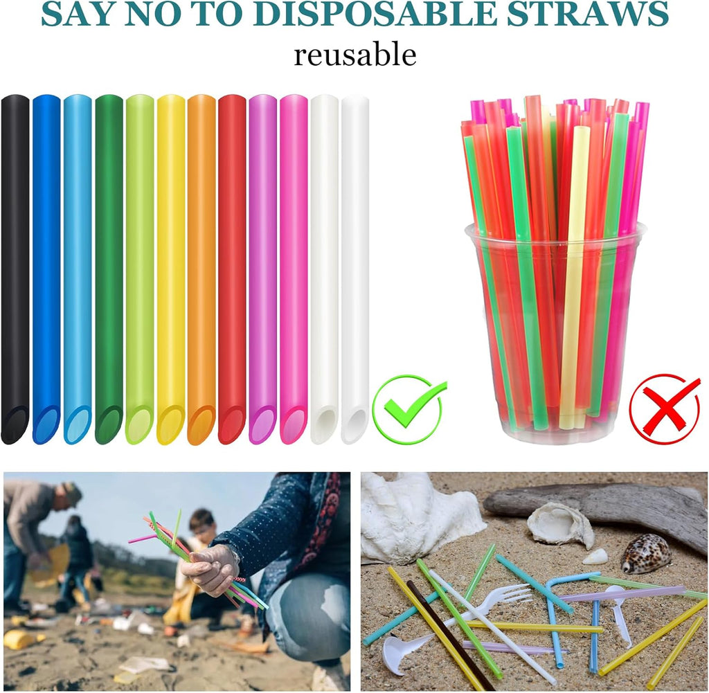 12 Pcs Reusable Boba Straws - Bpa-Free Wide Reusable Plastic Straws for Smoothies, Boba(Tapioca, Boba Pearls) & Shakes with 2 Brushes（Multicolor）