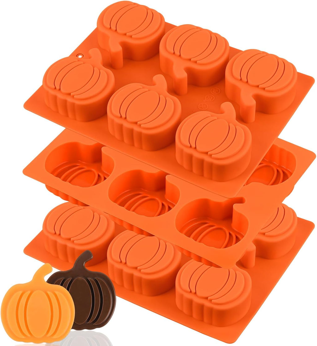 3 Pack Pumpkin Silicone Mold, 6-Cavity Pumpkin Cake Pan for Baking Muffin Cupcake Chocolate Halloween Thanksgiving Wax Melts Soap Making