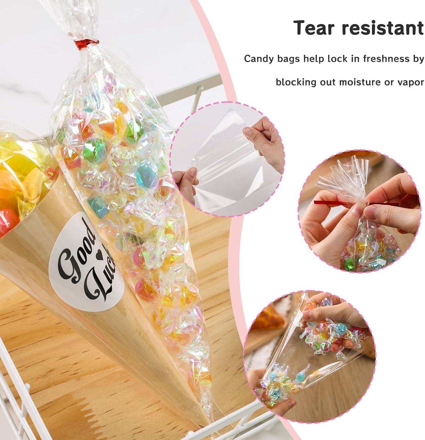 200 Pack Cone Bags, 6.3×11.8 Inch Cellophane Treat Bags with Ties for Wedding Birthday Halloween Party Favor