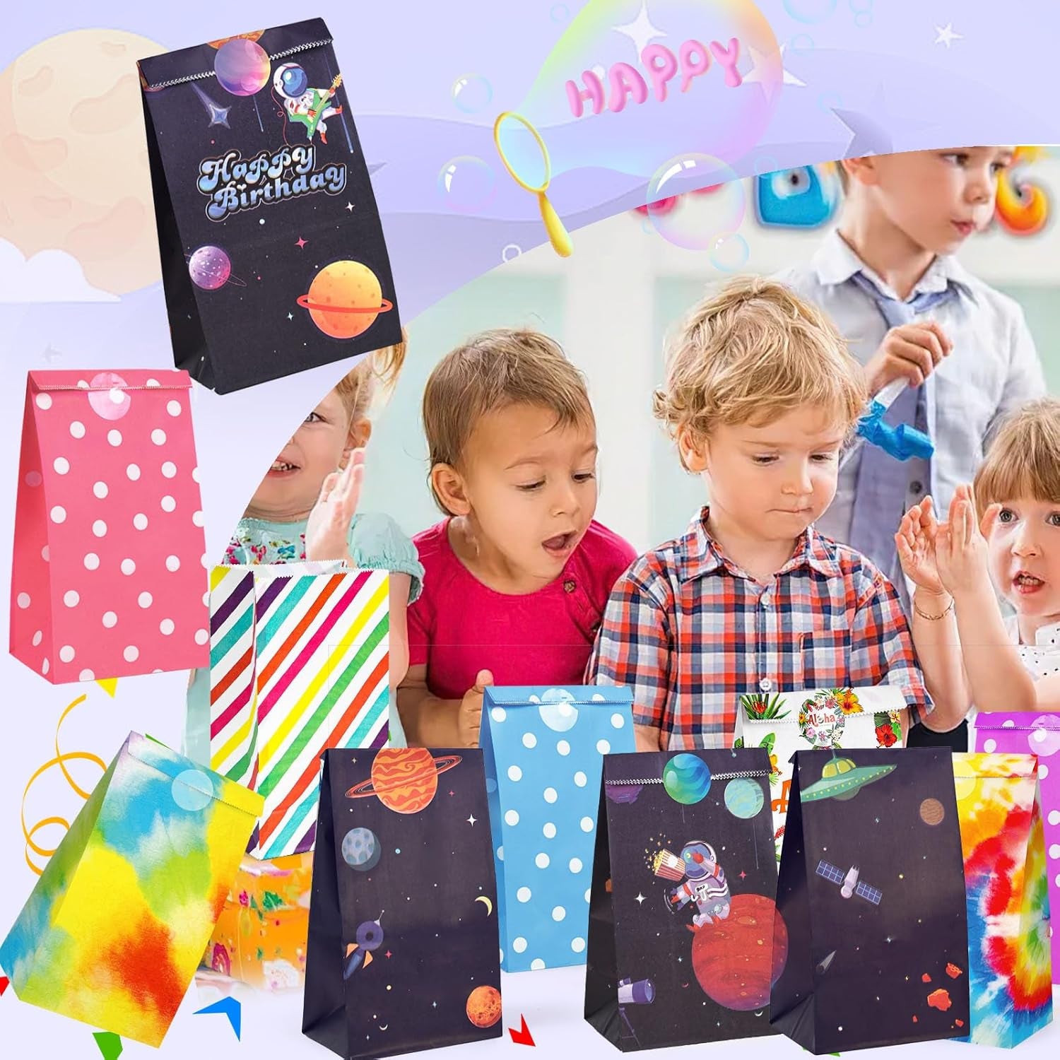 24 Pack Party Favor Bags with Stickers, 4.7" X 3.1" X 8.7" Outer Space Theme Goodie Treat Bags Bulk for Kids Birthday School Events Gift Packaging Supplies
