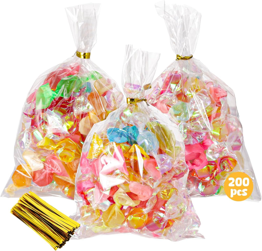 200 Pack Goodie Bags, Cellophane Treat Bags with Ties 4X6 Inch for Cotton Candy Cookie Popcorn Christmas Party Favors Supplies
