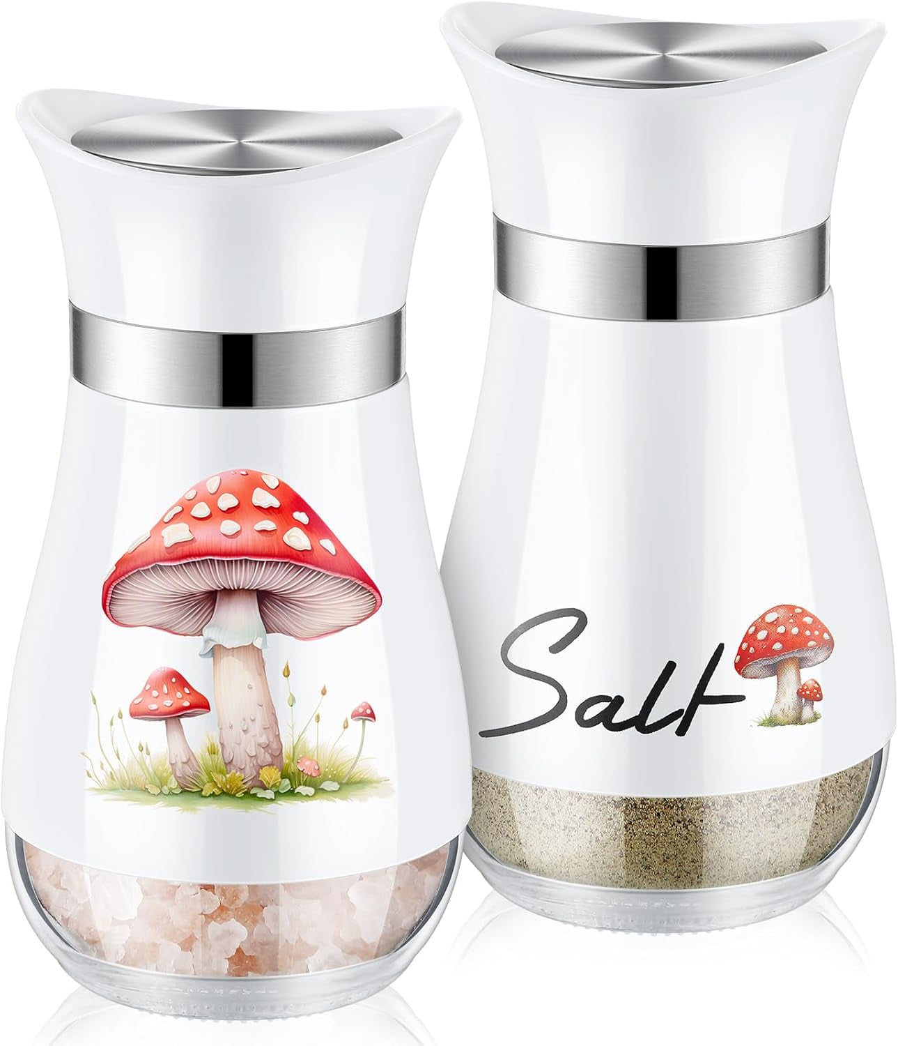 2 Pcs Salt and Pepper Shakers Set Cute Stainless Steel Salt Pepper Containers with Glass Bottle for Kitchen Cooking, BBQ, Bar, Table, RV, Camp (Mushroom)