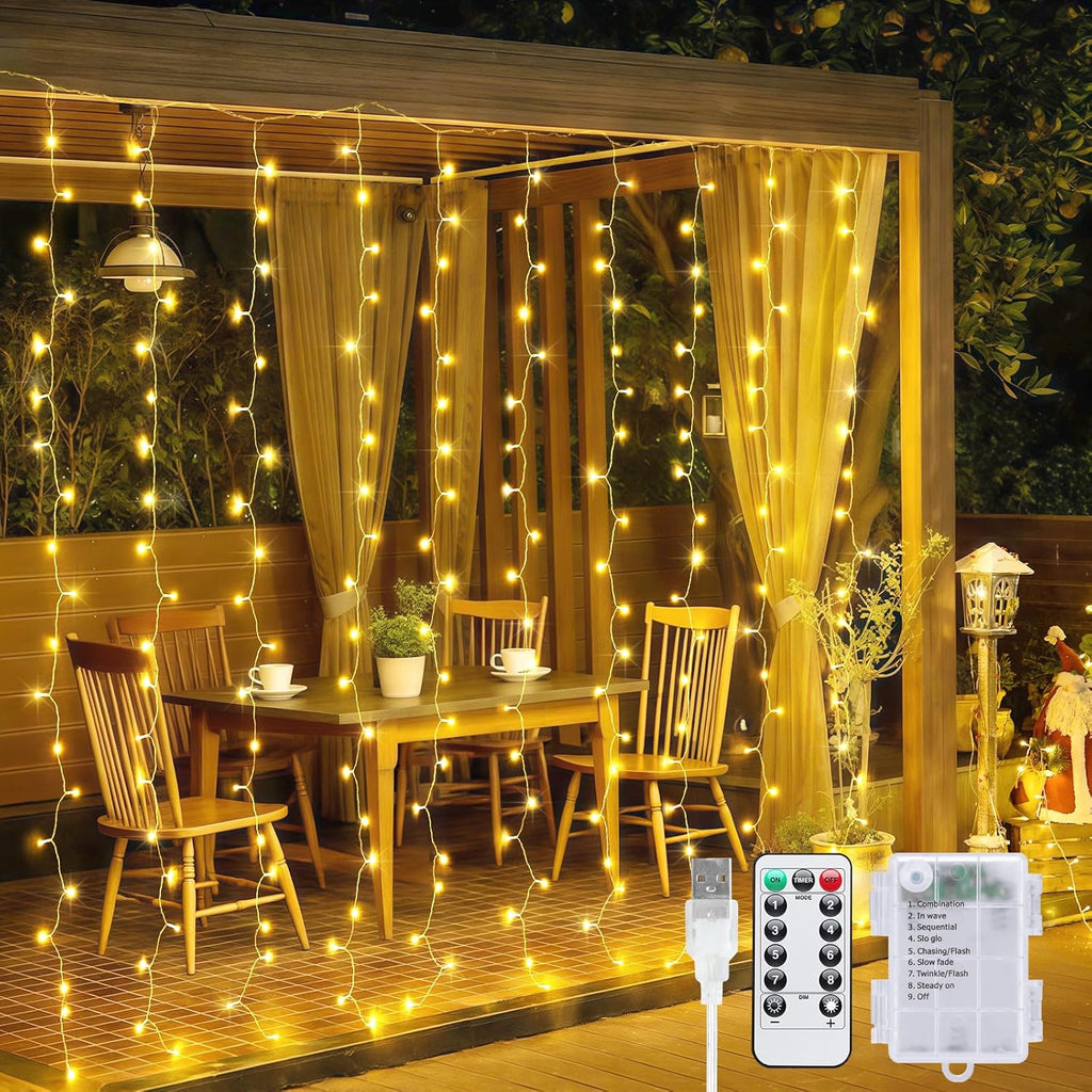200 LED Christmas Curtain Lights Battery Operated & USB Plug In, 8 Modes Warm White Curtain String Lights for Backdrop Bedroom Classroom Wedding Party Decorations