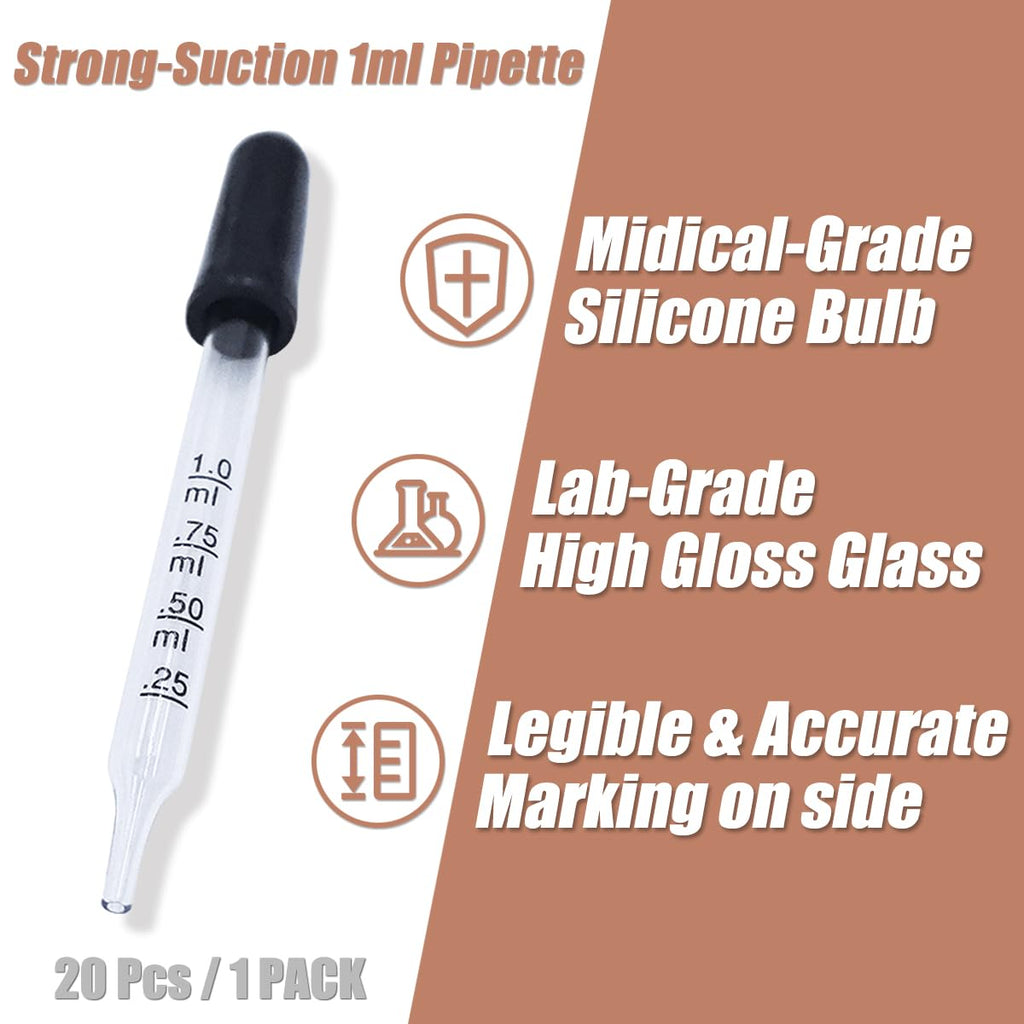20Pcs Eye Droppers with Storage Case, Glass Pipette Dropper with Cleaning Brush for Essential Oil, Medicine, Crafts, Accurately 1Ml Pipette for Mixing Paints, Lab Use, Animal Feeding, Ear&Eye Drops