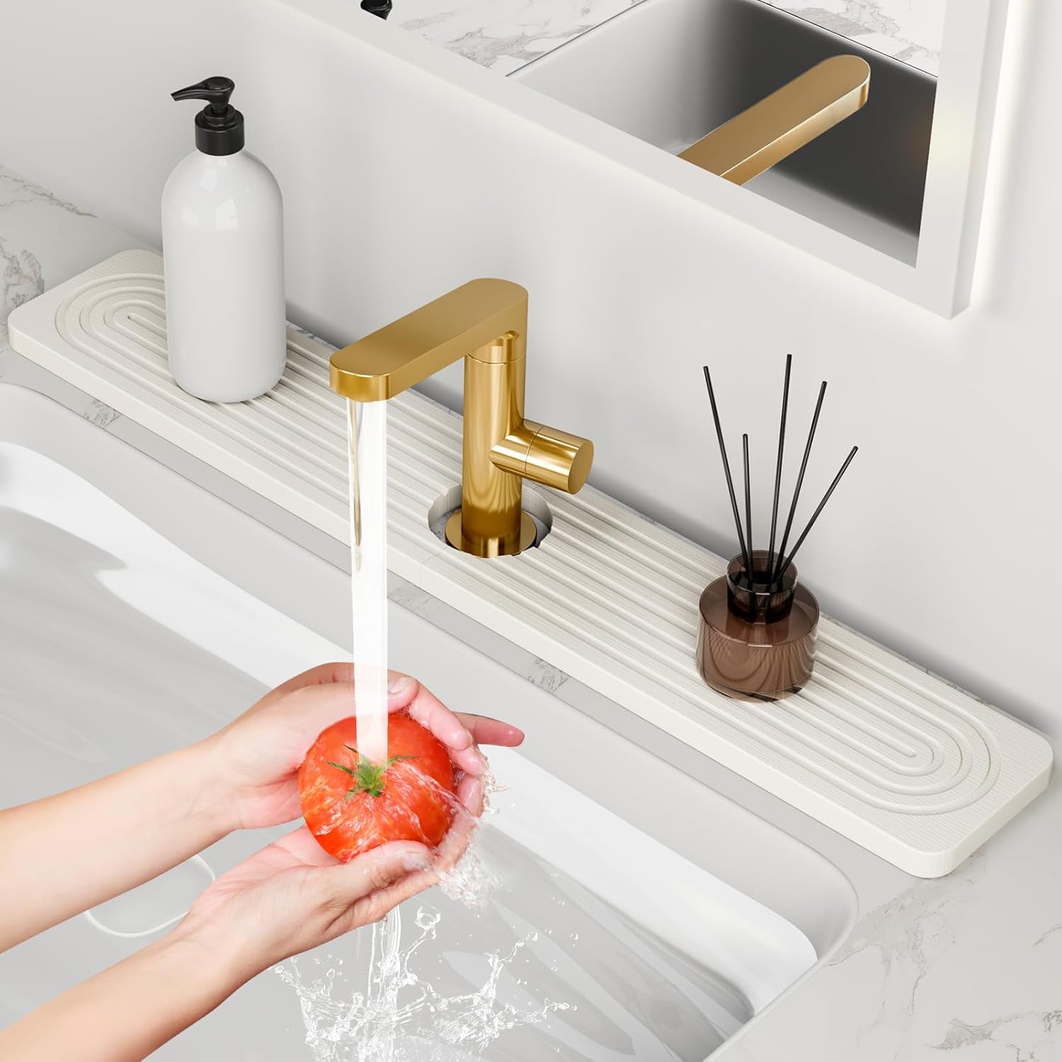 24'' Longer Faucet Mat for Kitchen Sink [Diatomite Stone Super Fast Drying] Stone Faucet Mat for Kitchen Sink Splash Guard Sink Stone Quick Dry around Faucet Stone Drying Mat Bathroom Quick Drying Mat