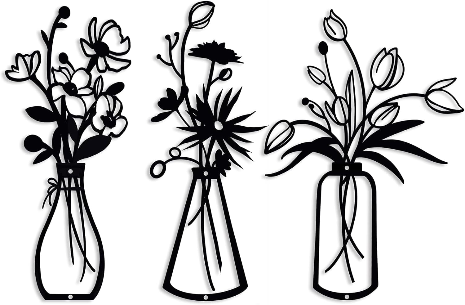 3 Pieces Black Metal Flower Wall Decor Minimalist Vases Rustic Farmhouse Hanging Art for Living Room, Dining Room, Kitchen, Bedroom, Bathroom