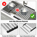 17.5" X 13" Roll up Dish Drying Rack, 304 Stainless Steel over Sink Dish Drying Rack, Foldable Heat-Resistant Dishes Drainer for Kitchen and RV Sink Counter, Black