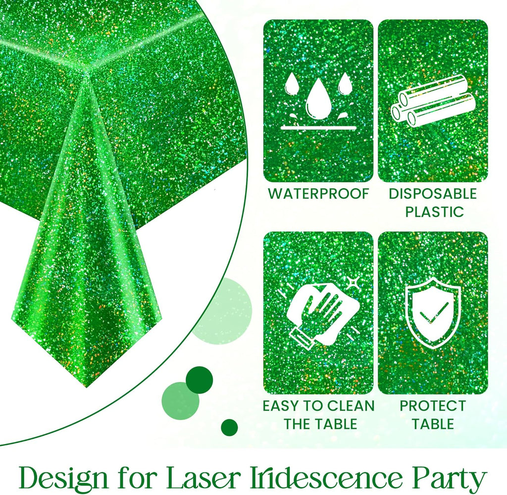 1 Pcs Green Holographic Laser Tablecloth 40" X 108" Christmas Table Cloth Shimmer Shining Plastic Metallic Table Cover for Jungle Safari Wild One Baby Shower Birthday Party Decoration Supplies