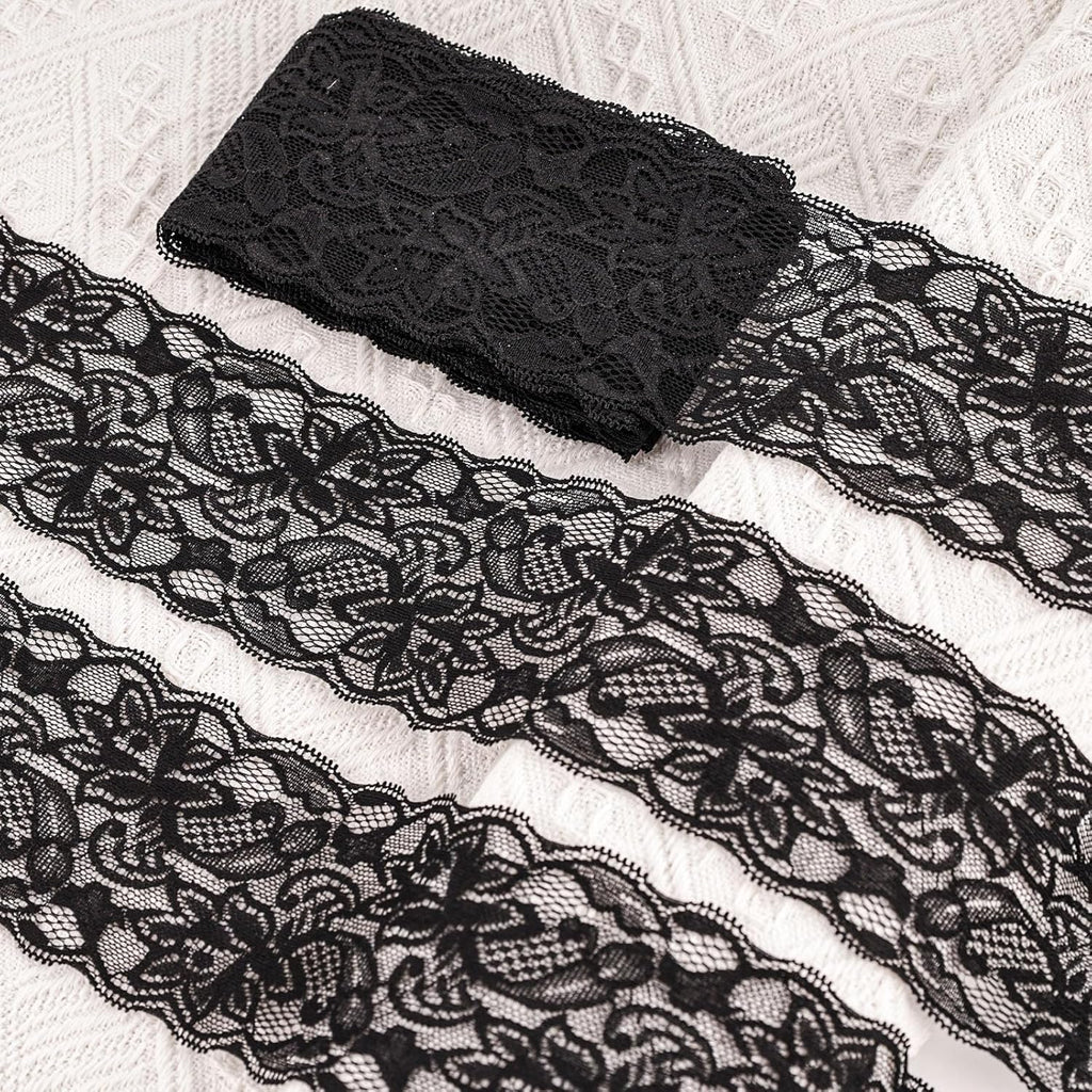 3 Inch Black Lace Ribbon, 10 Yards Wide Lace Trim for Sewing Elastic Floral by Roll for Bridal Wedding Decoration DIY Sewing Craft Gift Wrapping Supply