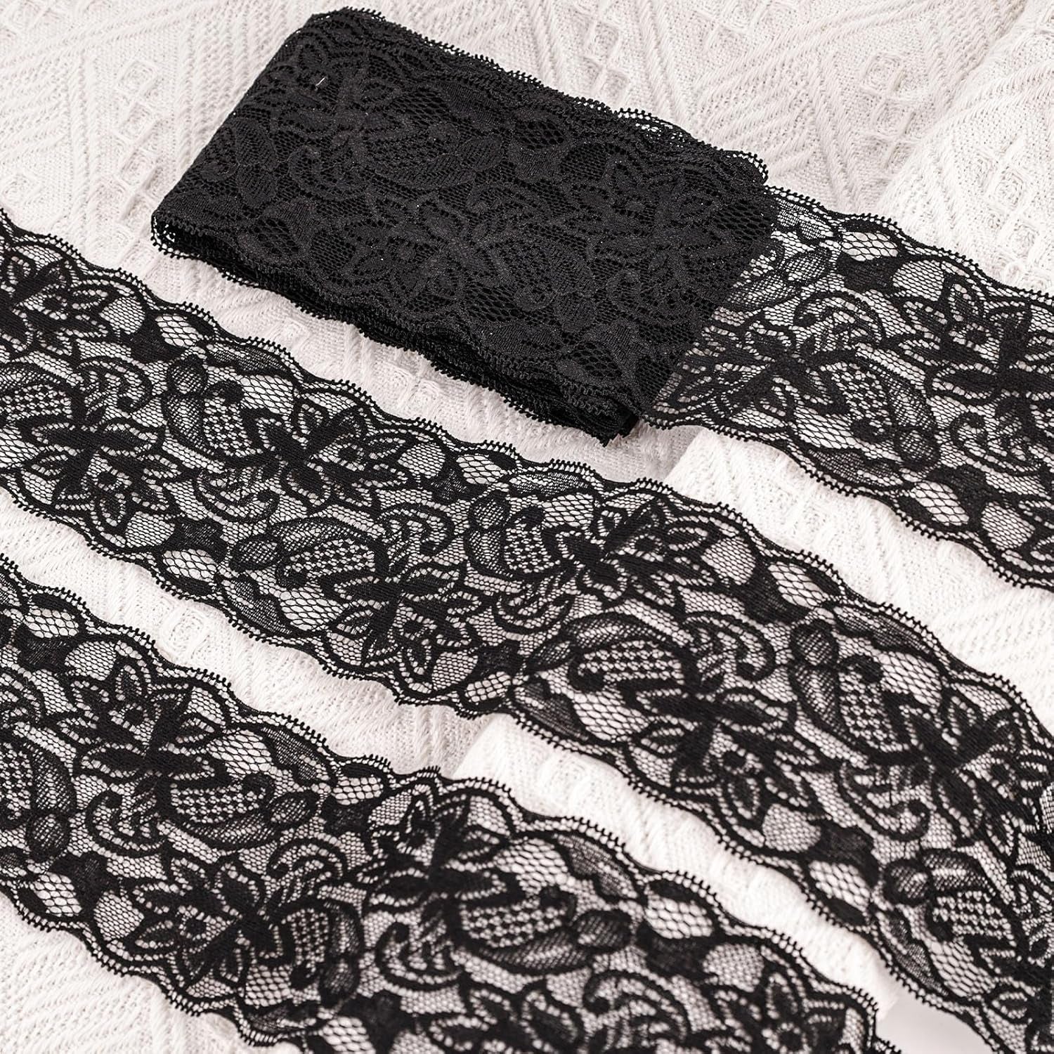 3 Inch Black Lace Ribbon, 10 Yards Wide Lace Trim for Sewing Elastic Floral by Roll for Bridal Wedding Decoration DIY Sewing Craft Gift Wrapping Supply