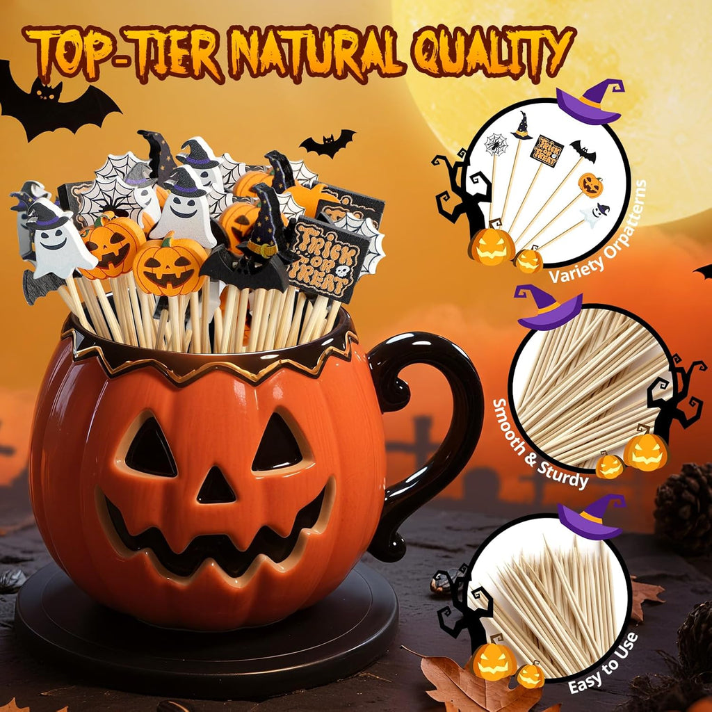 120 Halloween Cocktail Picks, 8 Kind of Bamboo Pumpkin Ghost Spider Hat Bat Eyeball Decorative Toothpicks for Appetizers, 4.7 in Food Sticks Charcuterie Skewers for Halloween Themed Party