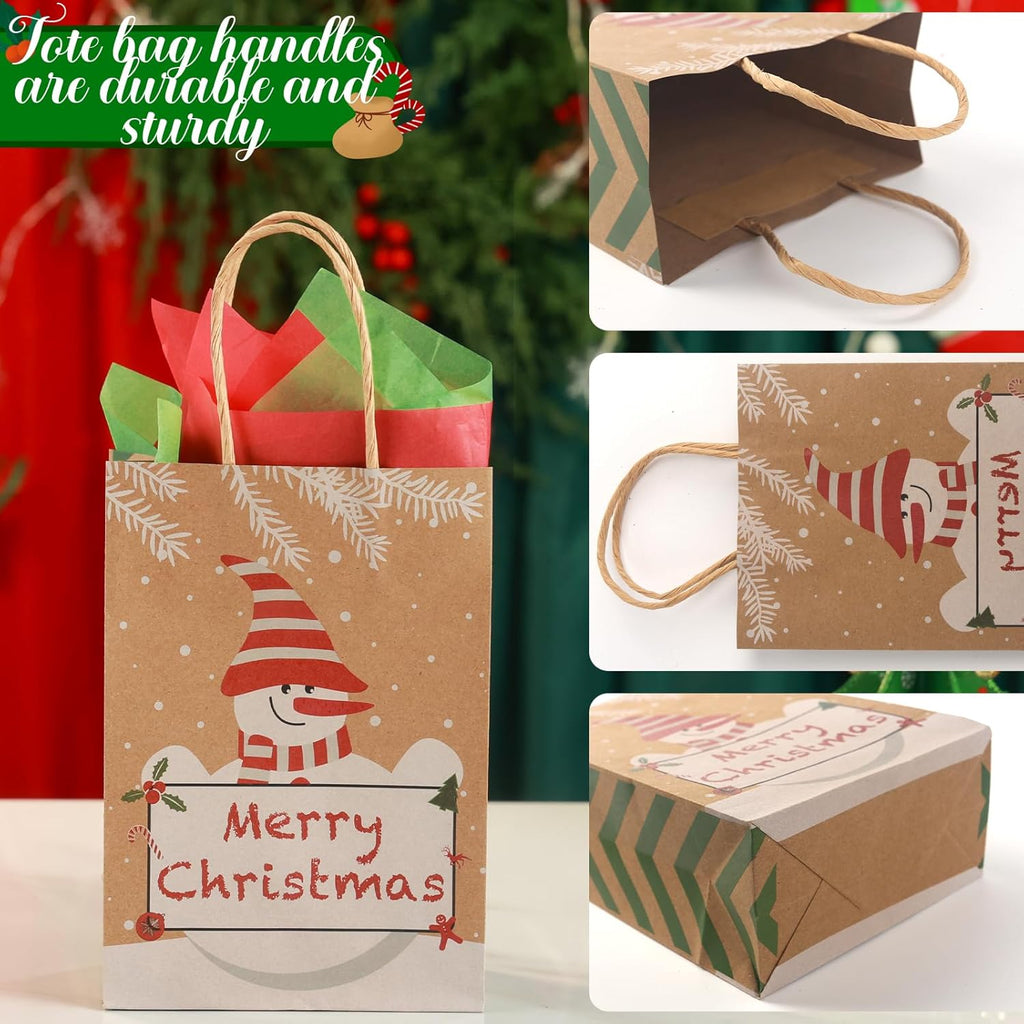 12 Pack Christmas Treat Bags with Tissue Paper, Kraft Paper Gift Bags with Handle for Christmas Party Favors Gift Exchange