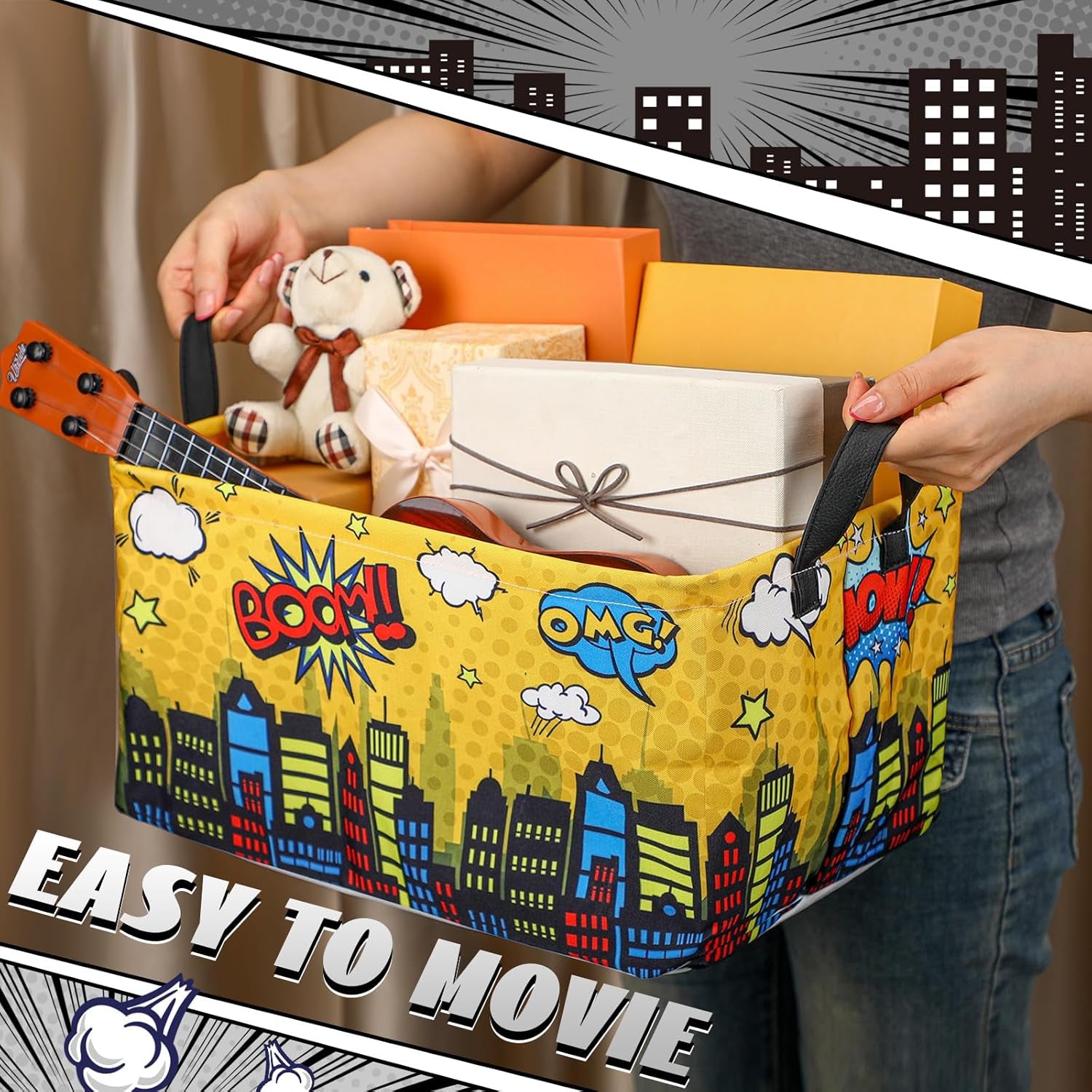 3 Pack Comic Book Storage Hero Themed Basket Large Gifts for Laundry Hamper Basket for Kids Room Nursery Collapsible Toy Clothes Storage Collection Bin(City,Rectangle)