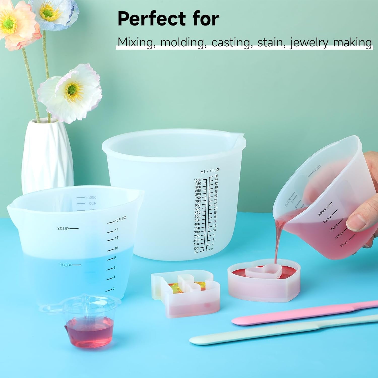1000Ml Reusable Silicone Resin Cups, Large Silicone Mixing Bowl with Precise Scale for Epoxy, Jewelry Casting Molds, Acrylic Paint, Cup Making, Nonstick Reusable Craft Pouring Cups