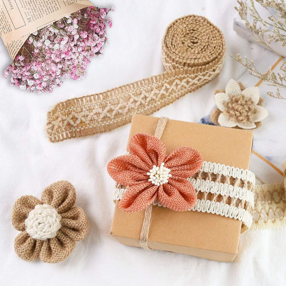 16 PCS Natural Burlap Flowers Set, Including 12 PCS Handmade Lace Burlap Flowers and Bowknots, 4 Rolls Burlap Ribbon for Christmas Birthday Party Wedding Home Embellishment DIY Crafts