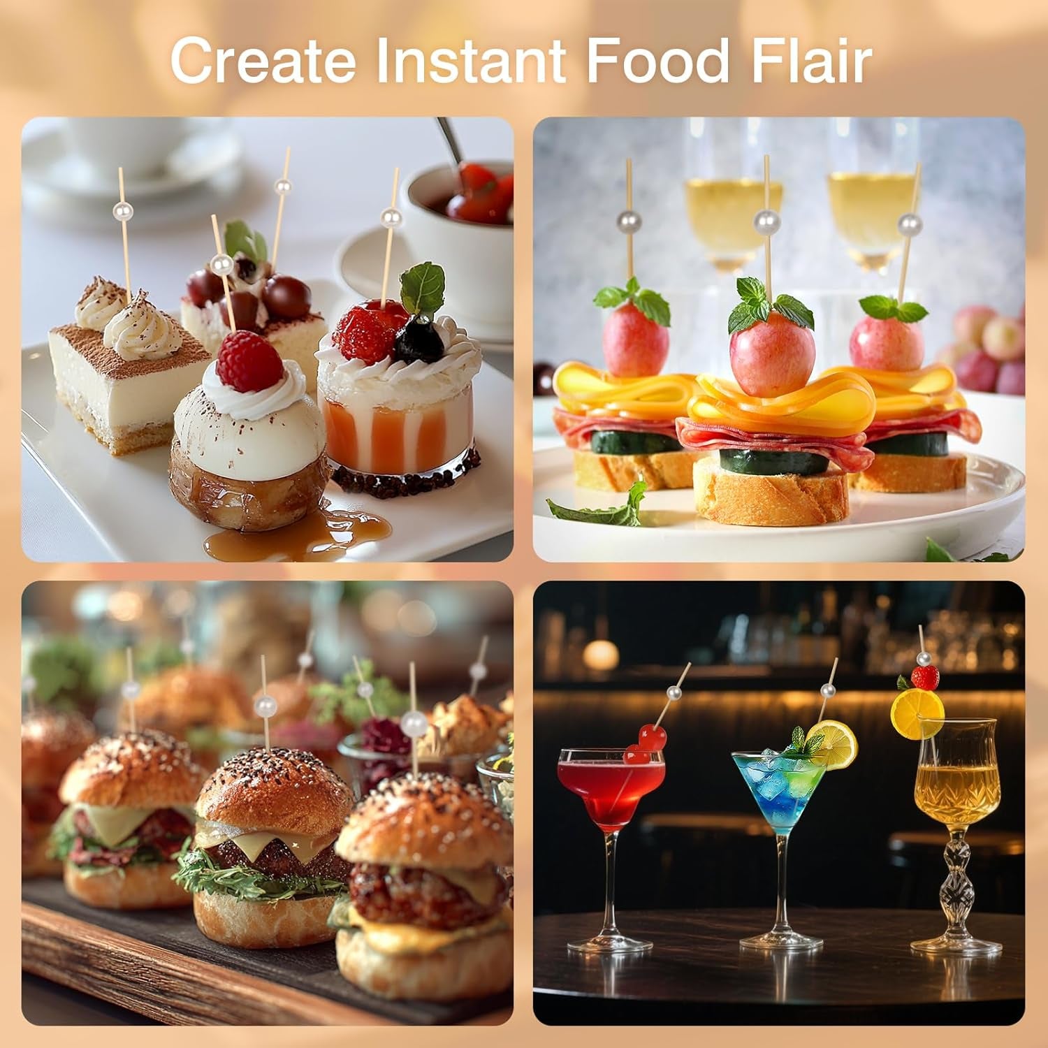 200 Cocktail Picks, White Pearl Fancy Toothpicks for Appetizers Drinks Fruit Food, 4.7 in Long Bamboo Skewers Wood Cocktail Sticks for Wedding Bridal Shower Party Decor Charcuterie Boards Accessories