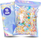15PCS Holographic Mylar Bags, Resealable Bags Smell Proof Iridescent Freshie for Christmas Party Favor Food Storage 6 X 9 Inch
