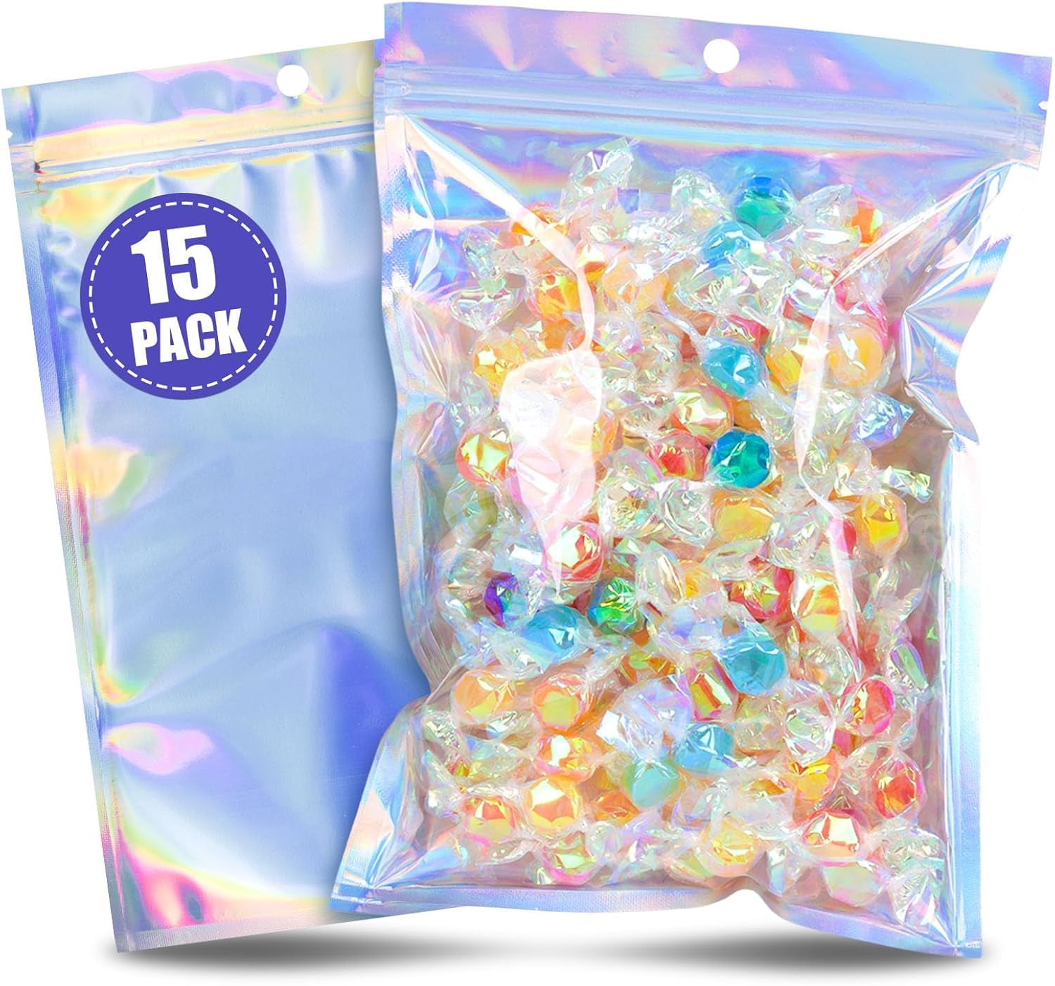 15PCS Holographic Mylar Bags, Resealable Bags Smell Proof Iridescent Freshie for Christmas Party Favor Food Storage 6 X 9 Inch