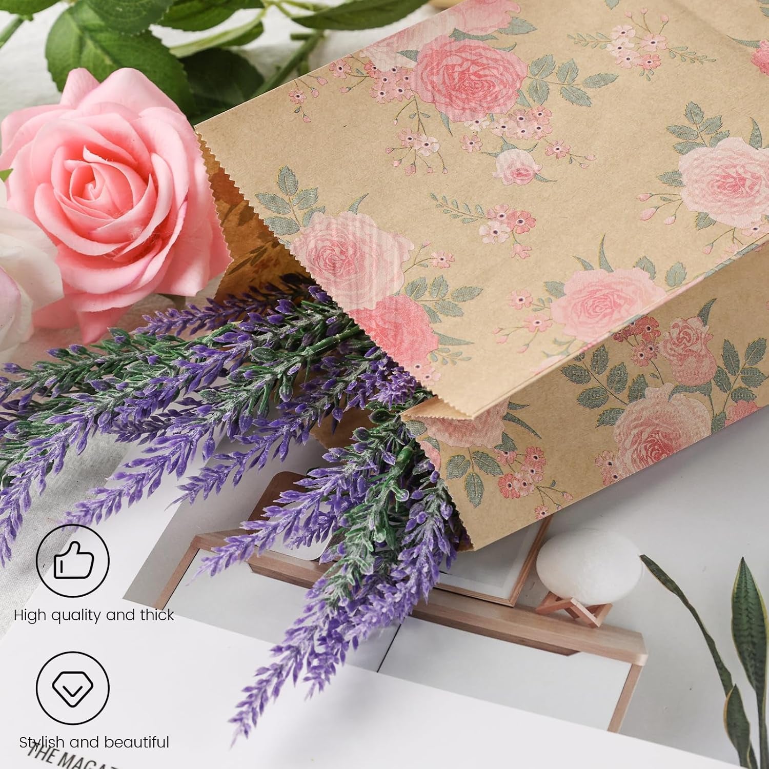 24 Pack Party Favor Bags, 4.7X3.1X8.7 Inch Small Gift Bags with Stickers Floral Party Favor Treat for Birthday Baby Shower Wedding Gift Packaging Supplies