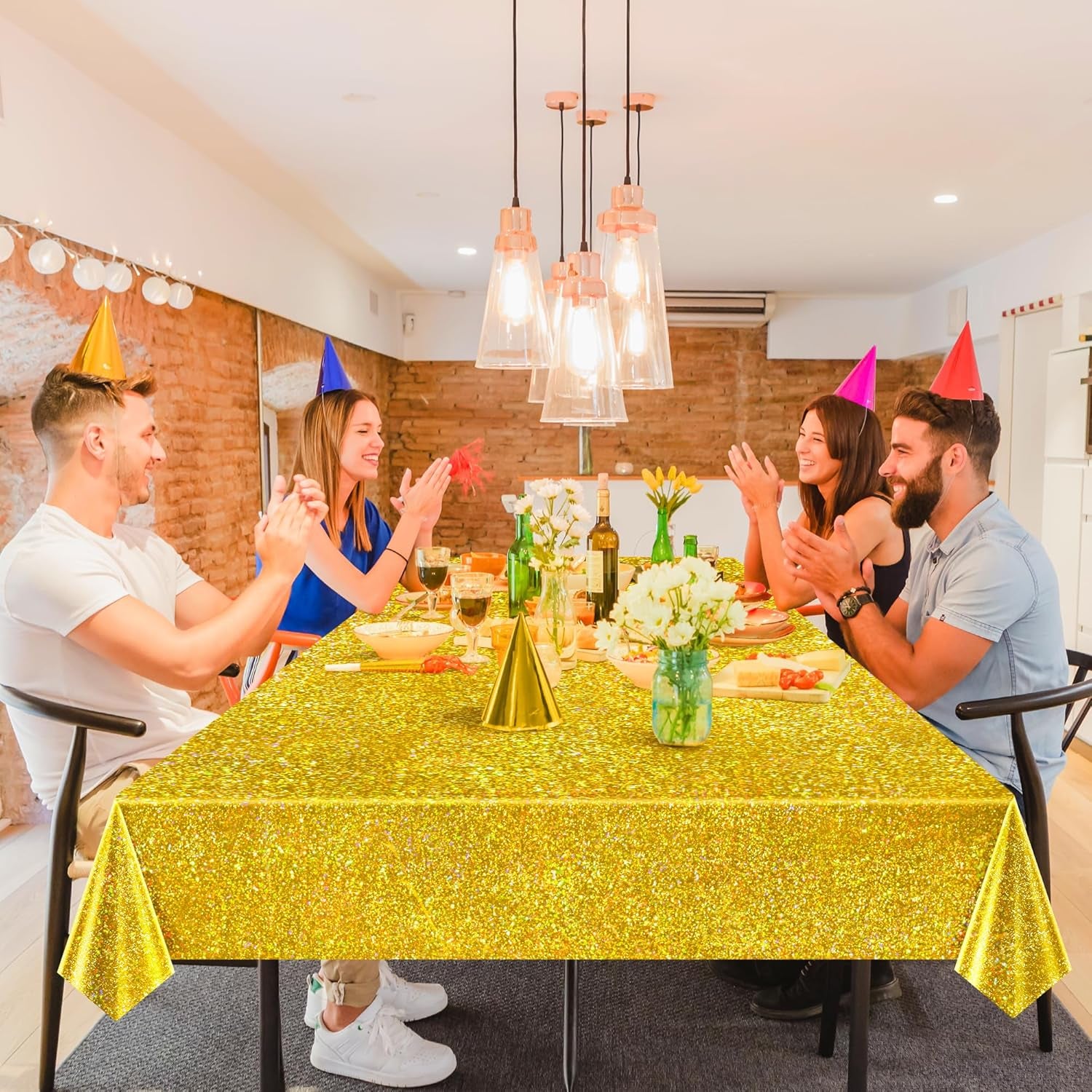 2 Pcs Gold Holographic Party Tablecloths 40" X 108" Laser Shiny Table Cloths Plastic Glitter Foil Table Cover for Christmas Wedding Graduation Baby Shower 1920S Birthday Party Anniversary Supplies